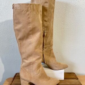 Sam Edelman Suede Knee High Boots Camel Block Heel Pull On  S9 Neutral Minimal
